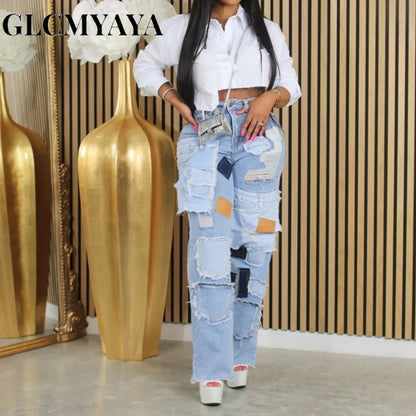 GLCMYAYA Women's Straight Ripped  Jeans 2025 New Fashion Street Pocket Patchwork Sexy Long Pants Trousers Blue Vintage Pants