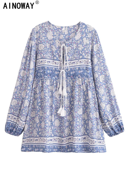 Vintage Chic Women Floral Porcelain Print Long Sleeve Beach Bohemian Mini Dresses Ladies Rayon Cotton Tie Neck Boho Dress