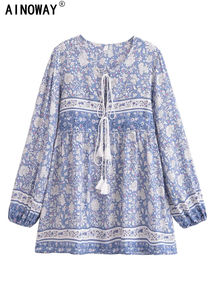 Vintage Chic Women Floral Porcelain Print Long Sleeve Beach Bohemian Mini Dresses Ladies Rayon Cotton Tie Neck Boho Dress