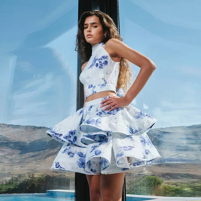 Short Puff Sleeves Print Ruffled Hem Dress Women V-Neck  Pearl Buttons High Waist A-line Mini Dress Female Holiday Slim Robe