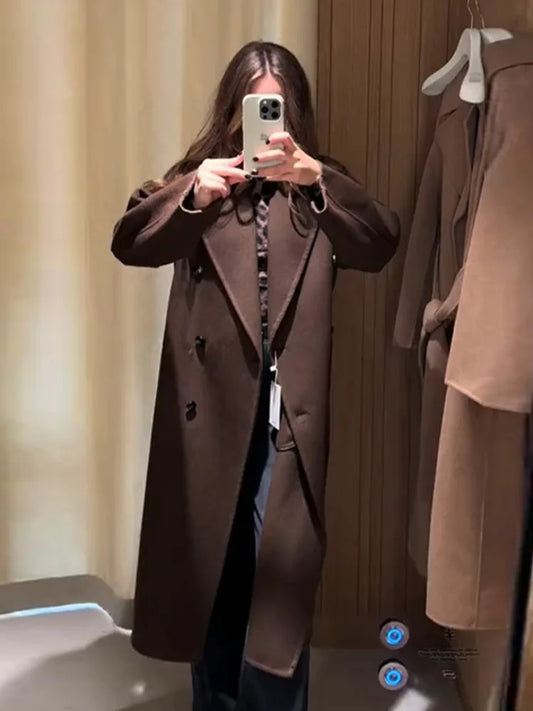 High Street Women Woolen Coat Solid Loose Turn-down Collar Double Breasted Long Sleeve Jackets Autumn Winter All-match Jacket