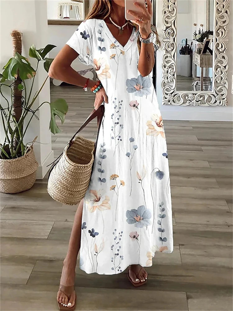 Simple Fashion Women's V-neck Dress Striped Print Women's Dress Summer Loose Comfortable Slit Women's Short-sleeved Dress