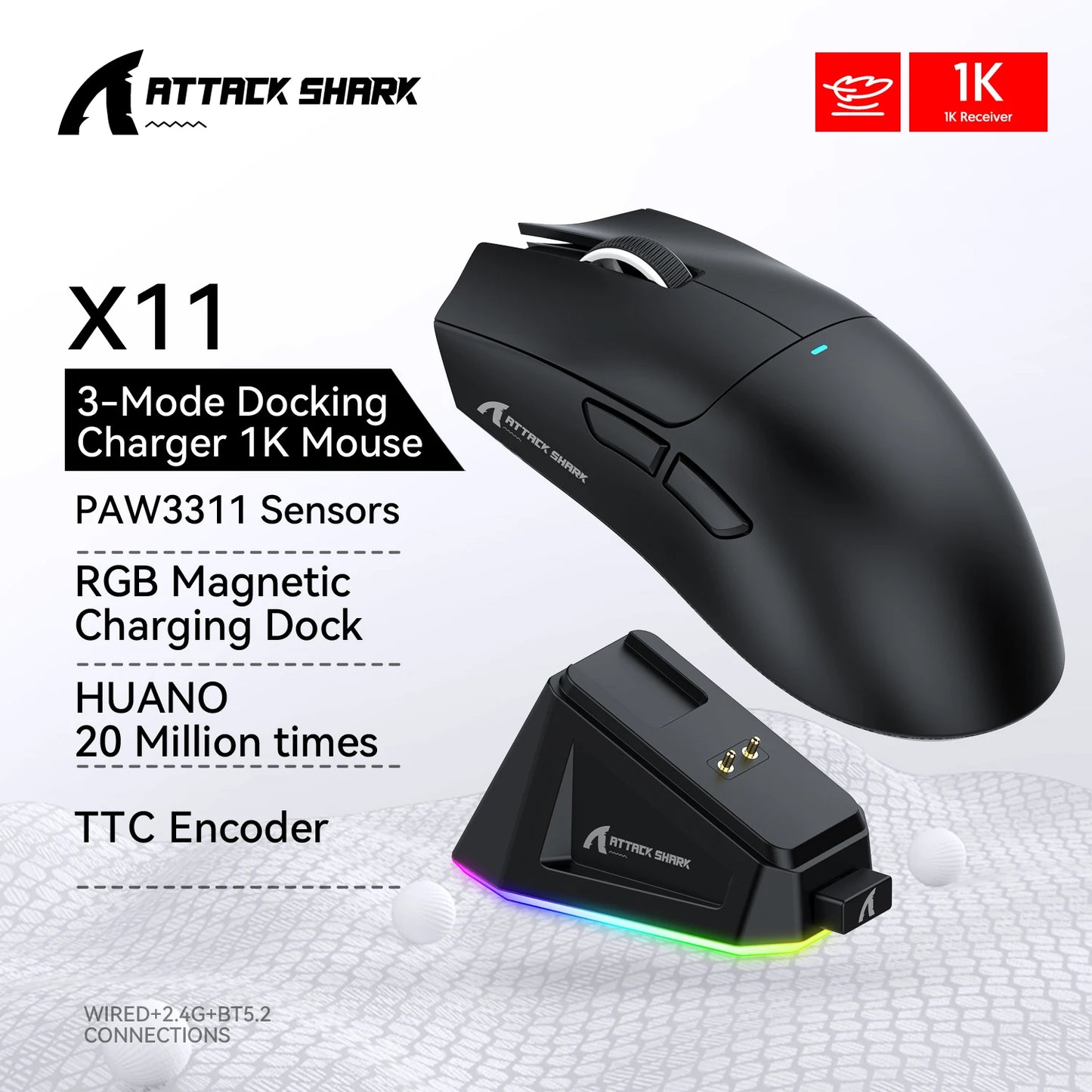 Attack Shark R1/X11 Wireless Gaming Mouse, 18K DPI PAW3311, Tri-Mode Bluetooth/2.4GHz/Wired, Lightweight, Macro Gaming Mouse