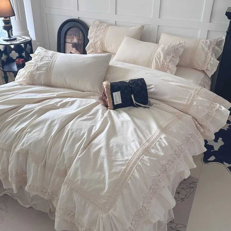 Princ Sle Pure Cotton Pink Bedding Set with Lace s Waed Cotton Duvet Cover eet And Bed Skirt Four Piece Set