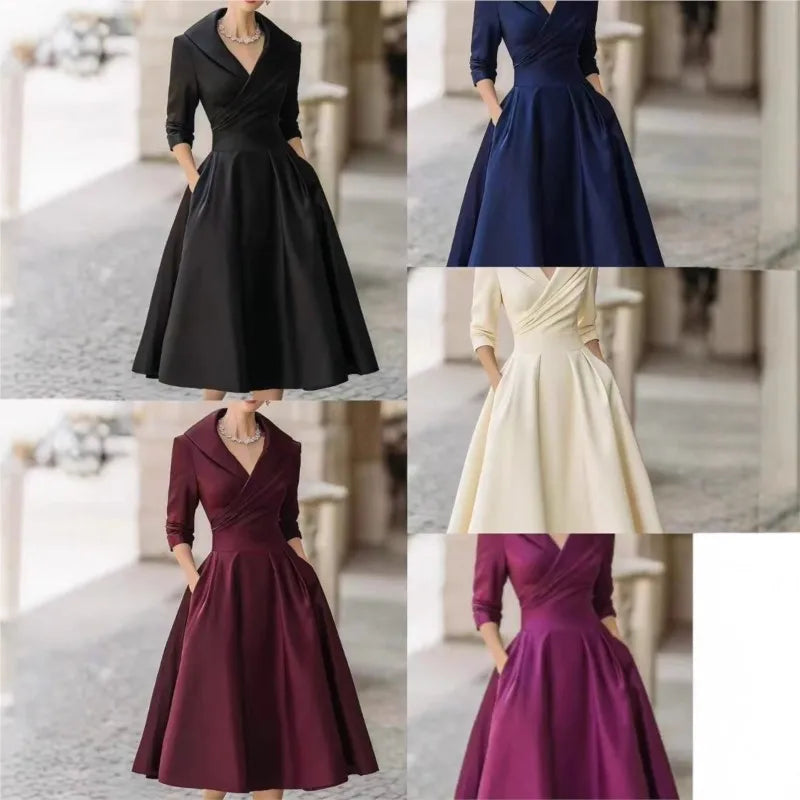 Elegant Solid Color Waist Cinching Sexy V-neck Dress Autumn Winter Women's Clothing New Long Sleeved Dress Pockets Ropa Mujer