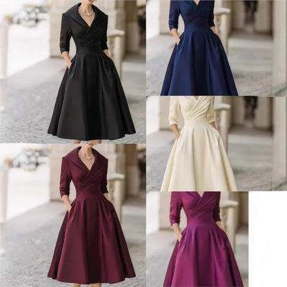 Elegant Solid Color Waist Cinching Sexy V-neck Dress Autumn Winter Women's Clothing New Long Sleeved Dress Pockets Ropa Mujer