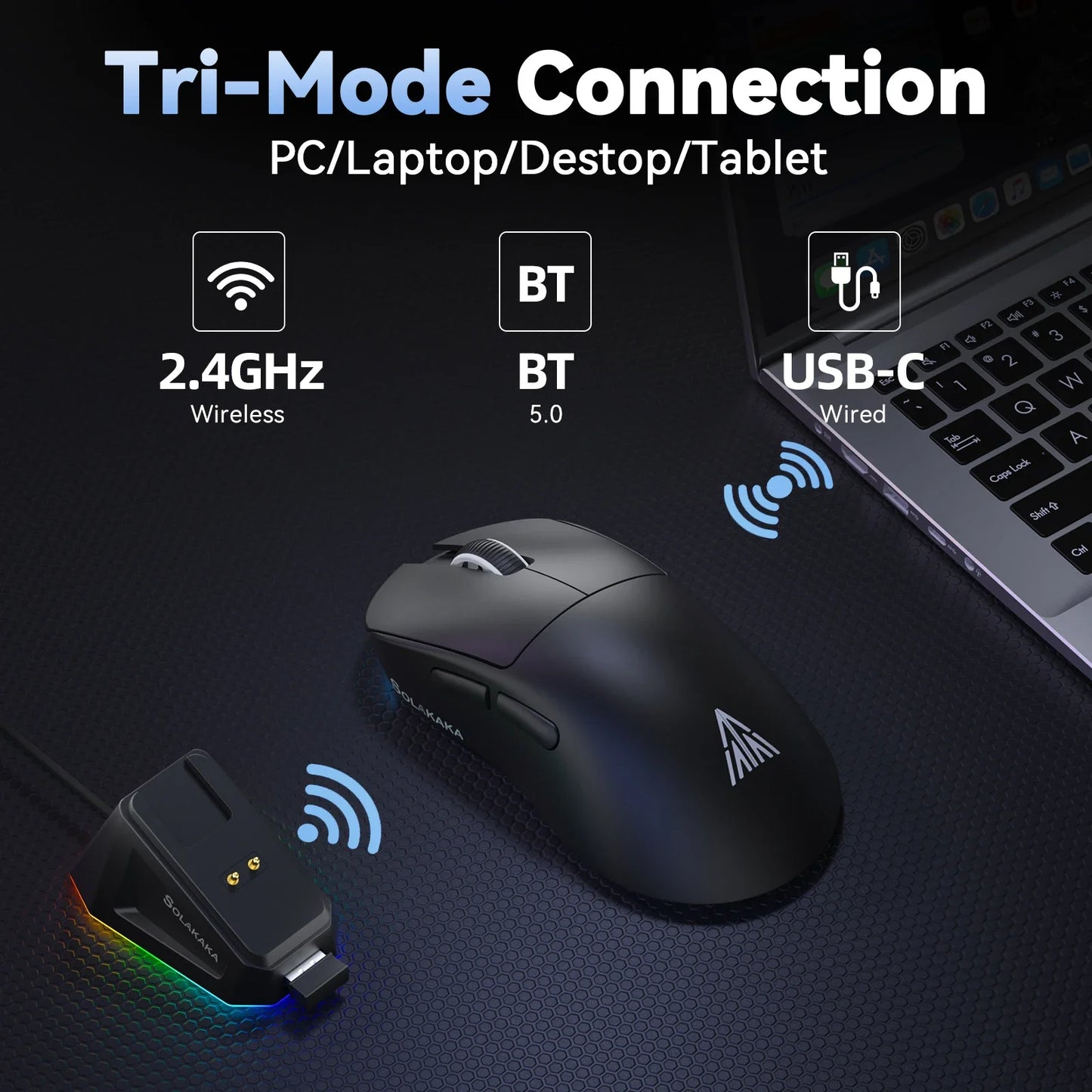 SOLAKAKA SM822 SM820 Gaming Mouse Tri-Mode 2.4GHz/Bluetooth/Wired PAW3311 24000DPI Macro Gaming Mouse with Charging Dock