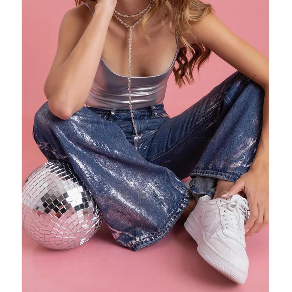 Y2K Advanced Casual Loose Pants For Women Colorblock Spliced Streetwear Straight Leg Pants Hip-hop Streetwear Denim Trousers