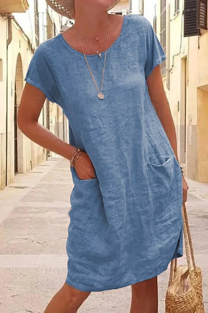 Women's Casual Midi Dresses 2025 New Summer Cotton Linen Short Sleeve Dress Летнее Платье Vestidos De Mujer Black Dresses