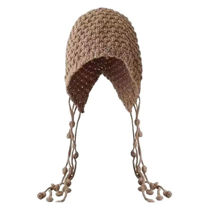 Women's Fashion Hand Woven Tassel Ball Knitted Hat Comfortable Warm Soft Skin-friendly Pullover Cap Street Photography Travel