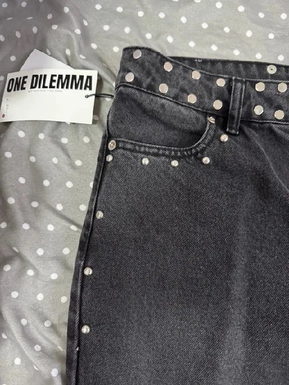 American ONE DILEMMA Jeans Y2K Womens Gothic Five Pointed Star Sequined Rivet Baggy Jeans Fashion Casual Mid Rise Slim Trousers