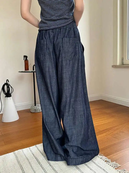 [LANMREM] Vintage Elastic High Waist Jeans For Women Straight Wide Leg Denim Pants Sunscreen Trousers 2025 Summer New 26D9421