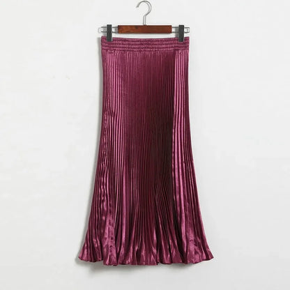 Women's Fashion Pleated Mermaid Long Skirt Korean Style Casual High Waist Satin Flowy Skirts Shiny 19 Colors 2024 Spring SK500