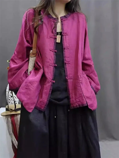 Linen Shirt Jacket Chinese Style Contrasting Color Plate Buckle Cardigan Women's Stand Up Collar Retro Casual Loose Top K1861