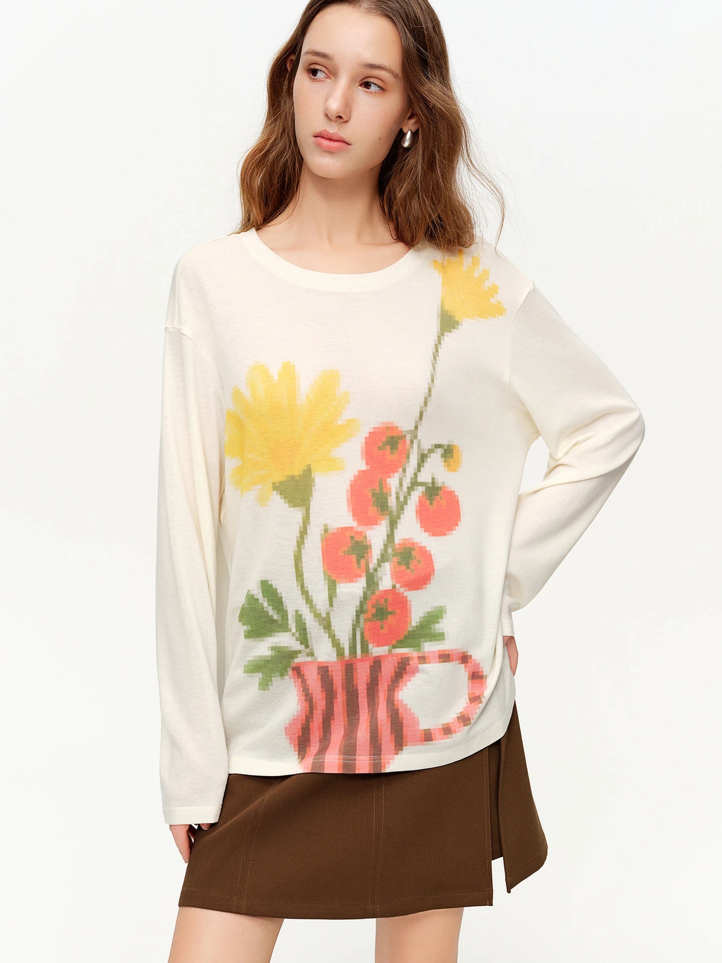DUSHU Women Floral Art Retro Print Knit T-Shirt 2026 Spring New Arrival Floral Design Loose Casual Slim-Fitting Top Long Sleeve