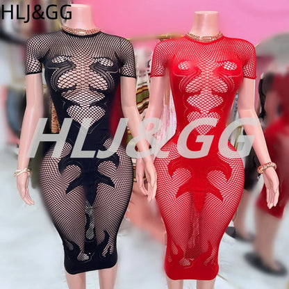 HLJ&GG Sexy Hollow Out Mesh See Though Bodycon Long Dress Women Round Neck Short Sleeve Slim Vestidos Fashion Y2K Clubwear 2025