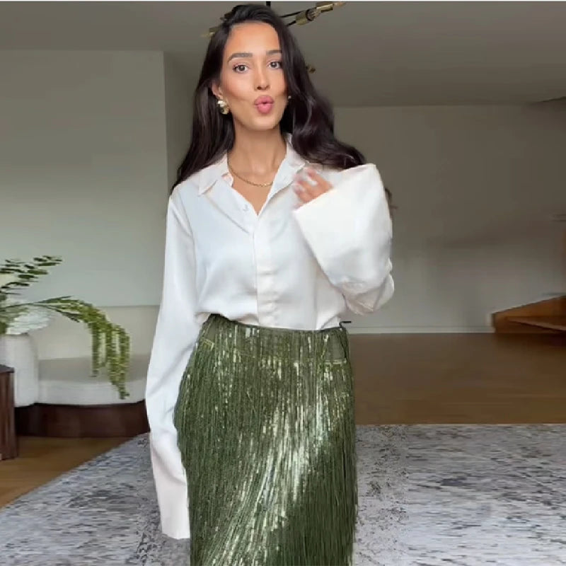 Women's Young Versatile Sparkling Tassel Skirt Fashion Design Casual Evening Party Gown 2025 New Elegant Straight Tube Vistidos