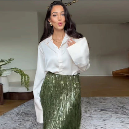 Women's Young Versatile Sparkling Tassel Skirt Fashion Design Casual Evening Party Gown 2025 New Elegant Straight Tube Vistidos