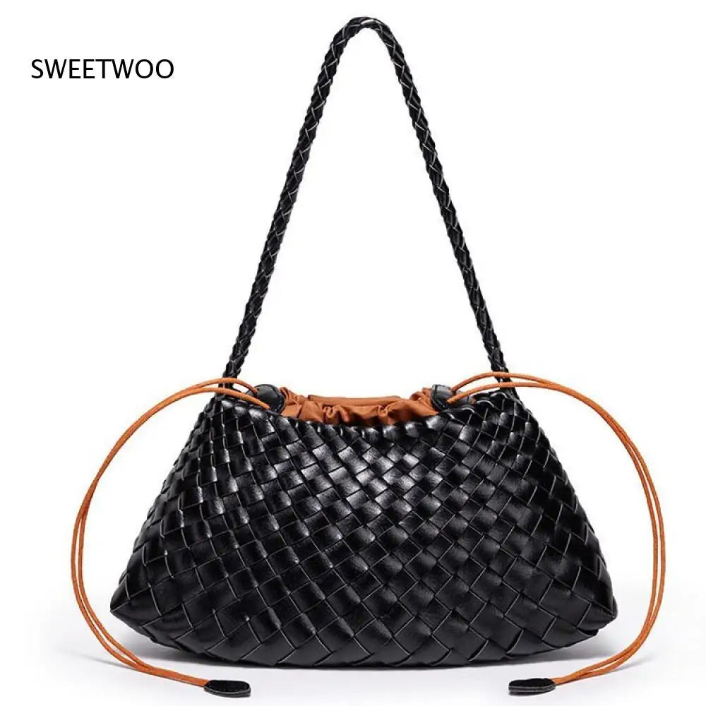 Women's Woven Shoulder Bag Soft Leather Tote Bag with Drawstring Inner Bag 2-In-1 Bucket Bag for Daily Commute Handbag