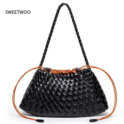 Women's Woven Shoulder Bag Soft Leather Tote Bag with Drawstring Inner Bag 2-In-1 Bucket Bag for Daily Commute Handbag
