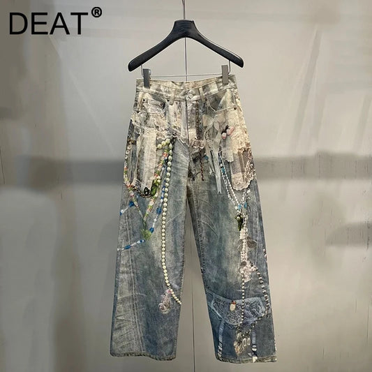 DEAT Fashionable Niche 3D Printed Lace Pearl Chain Denim Pants For Women High Waist Straight Leg Jeans Female Trendy 11A05476