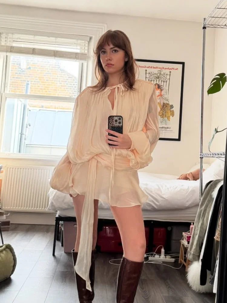 Elegant Blouse Mini Dress Women Loose V Neck Lace Up Hollow Out Dresses Female 2026 Spring New Long Lantern Sleeves Robe Lady