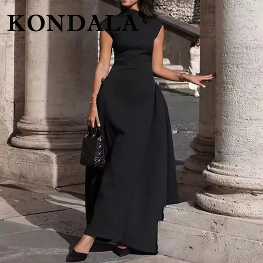 KONDALA Vintage Brown Elegant Woman Dresses Fashion 2025 Pleated Asymmetric Sleeveless Dress Chic Evening Party Female Vestidos