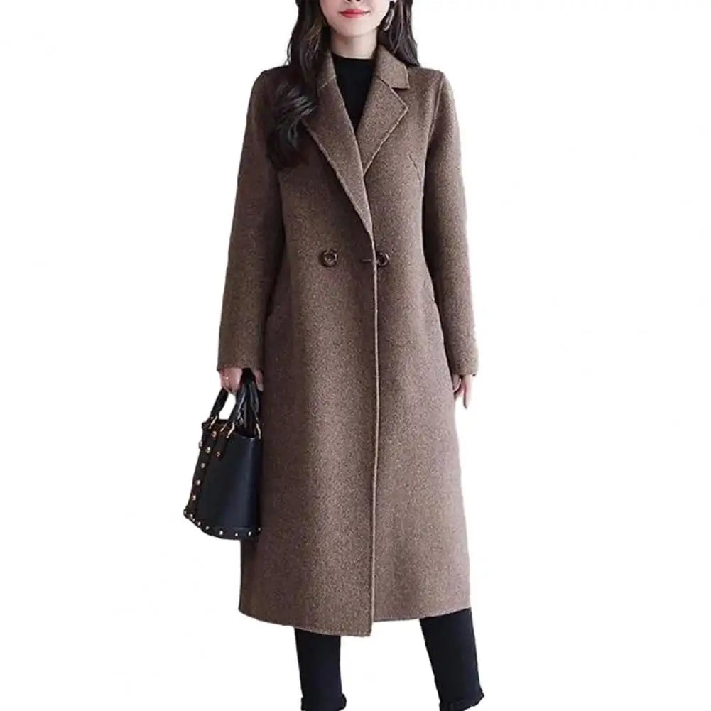 Two Buttons Woolen Coat Stylish Women's Woolen Coat Lapel Long Sleeve Two Buttons Pockets Autumn/winter Mid-length Cardigan
