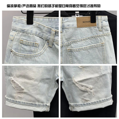 New 2025 Beggar Cat Whisker Big Hole Popular Pants Men's Summer Trendy Brand Washed Blue Denim Shorts Streetwear Ripped Jeans