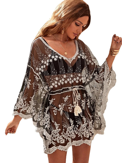 2023 New Summer Women's Sexy Vacation Beach Suit New Summer Hollow out Embroidered Bikini Bat Sleeve Cover Up