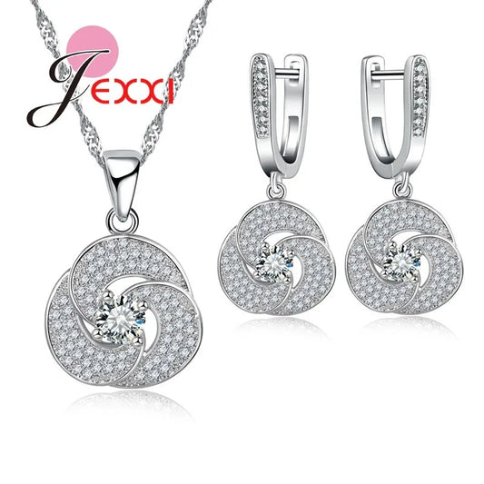 Charm Fine Elegant 925 Sterling Silver Crystal Necklace Earring Wedding Bridal Jewelry Sets For Women