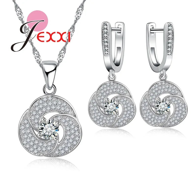 Charm Fine Elegant 925 Sterling Silver Crystal Necklace Earring Wedding Bridal Jewelry Sets For Women