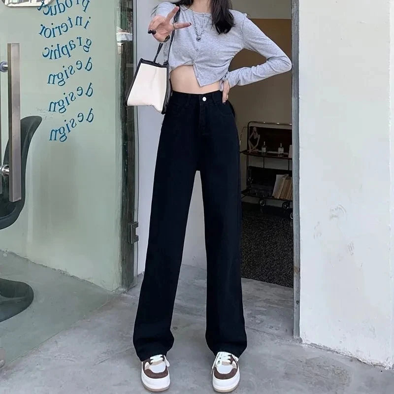 Women's Straight High Waist Jeans Korean Fashion Streetwear Baggy Wide-leg Casual White Denim Pants New Wash Vintage Vaqueros