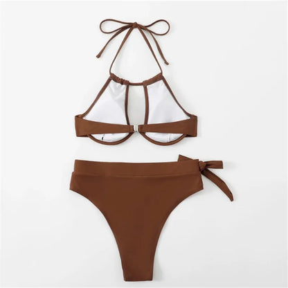 Brown High Waisted Bikini Set String Halter Swimwear Sexy Swimsuit Women Hollow Out Bathing Suit Push Up Bikinis 2026 Mujer
