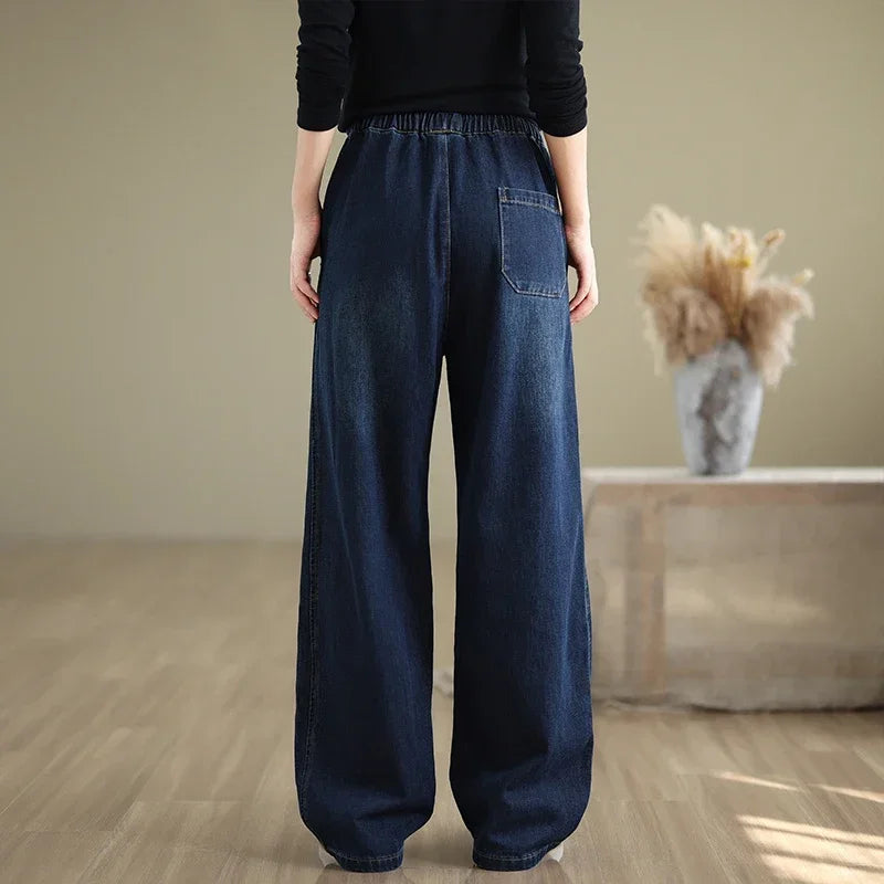 6294 Full Length Straight Basic Jeans Women Korean Style Elastic Waist Solid Color Simple Loose Casual Denim Pants Daily Trouser