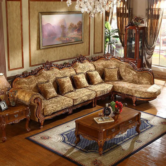 European Classical Antique Velvet L-Shaped Sectional Sofa Set, Luxury Living Room Furniture with Storage & USB, Vintage Corner