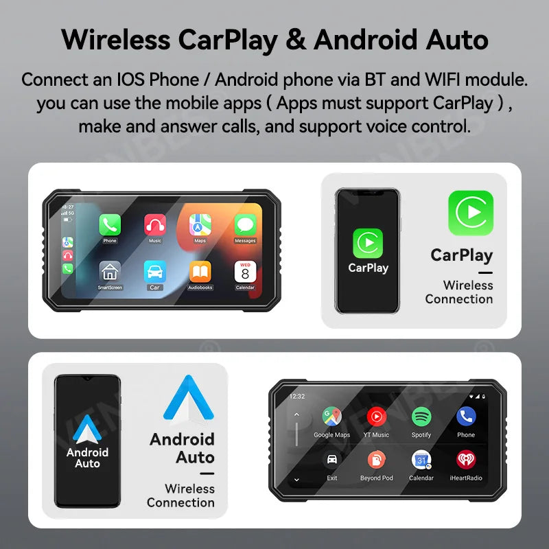 VENBES Motorcycle Carplay 6.25-Inch GPS Navigation Wireless Android Auto IP67 BT 5.0 Dual DVR Safe Driving