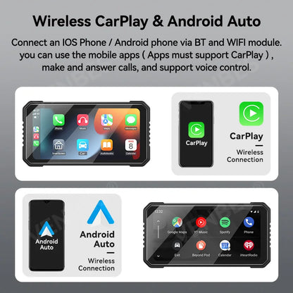 VENBES Motorcycle Carplay 6.25-Inch GPS Navigation Wireless Android Auto IP67 BT 5.0 Dual DVR Safe Driving
