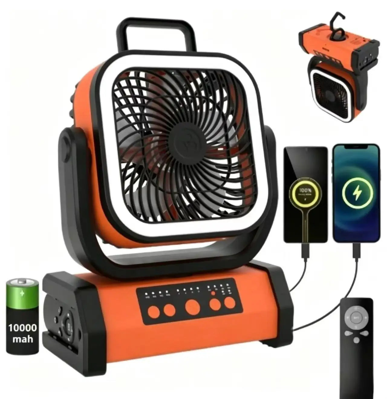 Portable Outdoor Electric Fan with LED Light, 10000mah Battery, USB Charging, Camping Fan with Hook, Ideal for Hiking, Fishing,