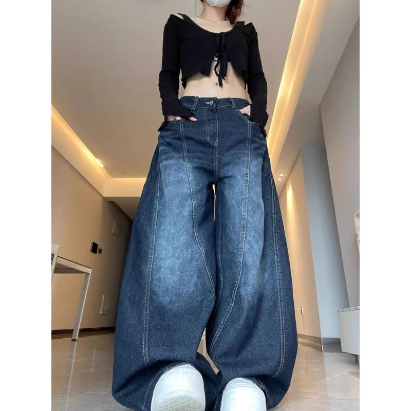 Womens Jeans High Waist Vintage Design Hip Hop Straight Baggy Denim Pants Street Y2K American Style Wide Leg Denim Trouser