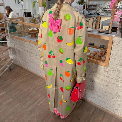 Fruit Pattern Print Wind Coat Single Breasted Turn-down Collar Long Coat Fashion Pocket Trench Coat 2025 Spring Lady Outerwear