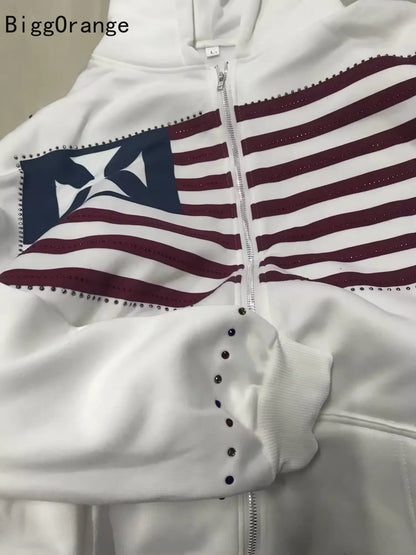 Sweatshirt coat rhinestone embroidered zipper hoodie American fashion street clothing Gothic flag men and women same sweatshirt