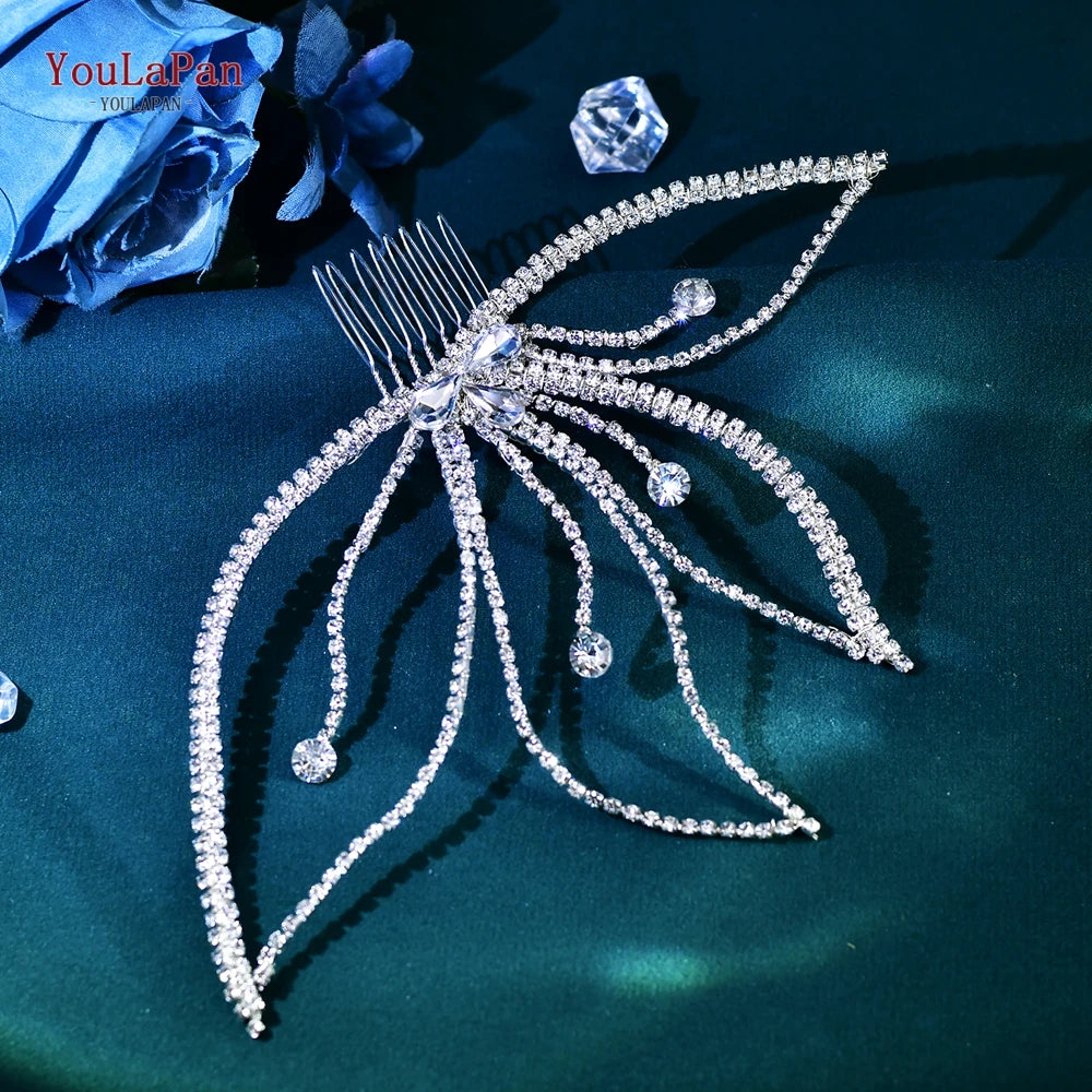 YouLaPan Crystal Leaves Hair Comb Bridal Wedding Hair Accessories Handmade Fashion Woman Rhinestone Flower Headwear HP621
