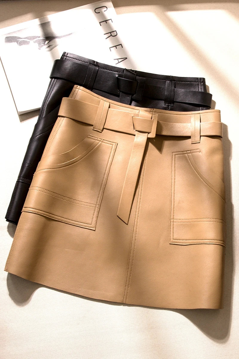 High Quality Genuine Leather High Waisted A-line Skirt Buttocks Wrapped Skirt Women's Fashionable Sheepskin Belt Short Skirt Y2k