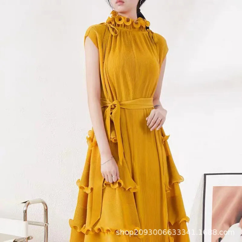 Miyake Pleated Plus Size Dress 2023 Summer New Solid Color Wind Close Edge Lace-up Pleated All-matching Sleeveless Dress