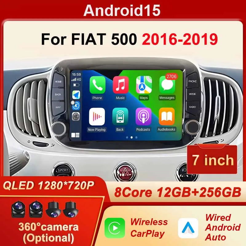 GPS Navigation Android 15 Auto Carplay 7" For FIAT 500 2016 - 2019 Stereo Multimedia Player 4G WIFI Bluetooth DSP 360 Camera