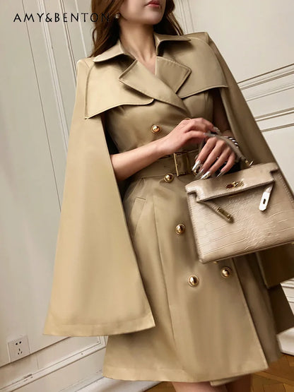 British Style Graceful Commute Cape Stitching Double-Breasted Trench Coat 2024 Early Spring New High-Grade Fashion A-line Coat