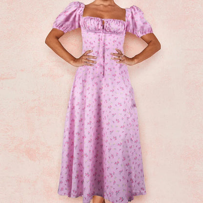 Skinny floral prints Dresses for Summer Women's Dress Square Neck Short Bubble Sleeves High Waist Lace-up Maxi Split Dress