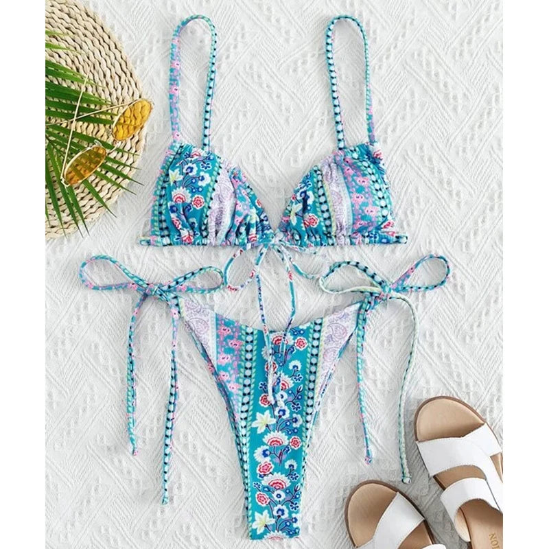 BIQIUYYI New Floral Print String Bandage Bikinis Triangle Cup Push Up Swimsuit Women Bathing Suit Beachwear Halter Swimwear XS