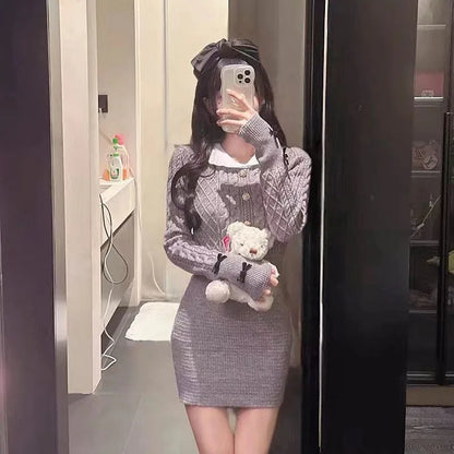 Autumn Winter Elegant Women Sweater Christmas Red Slim Fur Patchwork Hooded Knitted Dress Female Korean Knitwear Hoodie Tops
